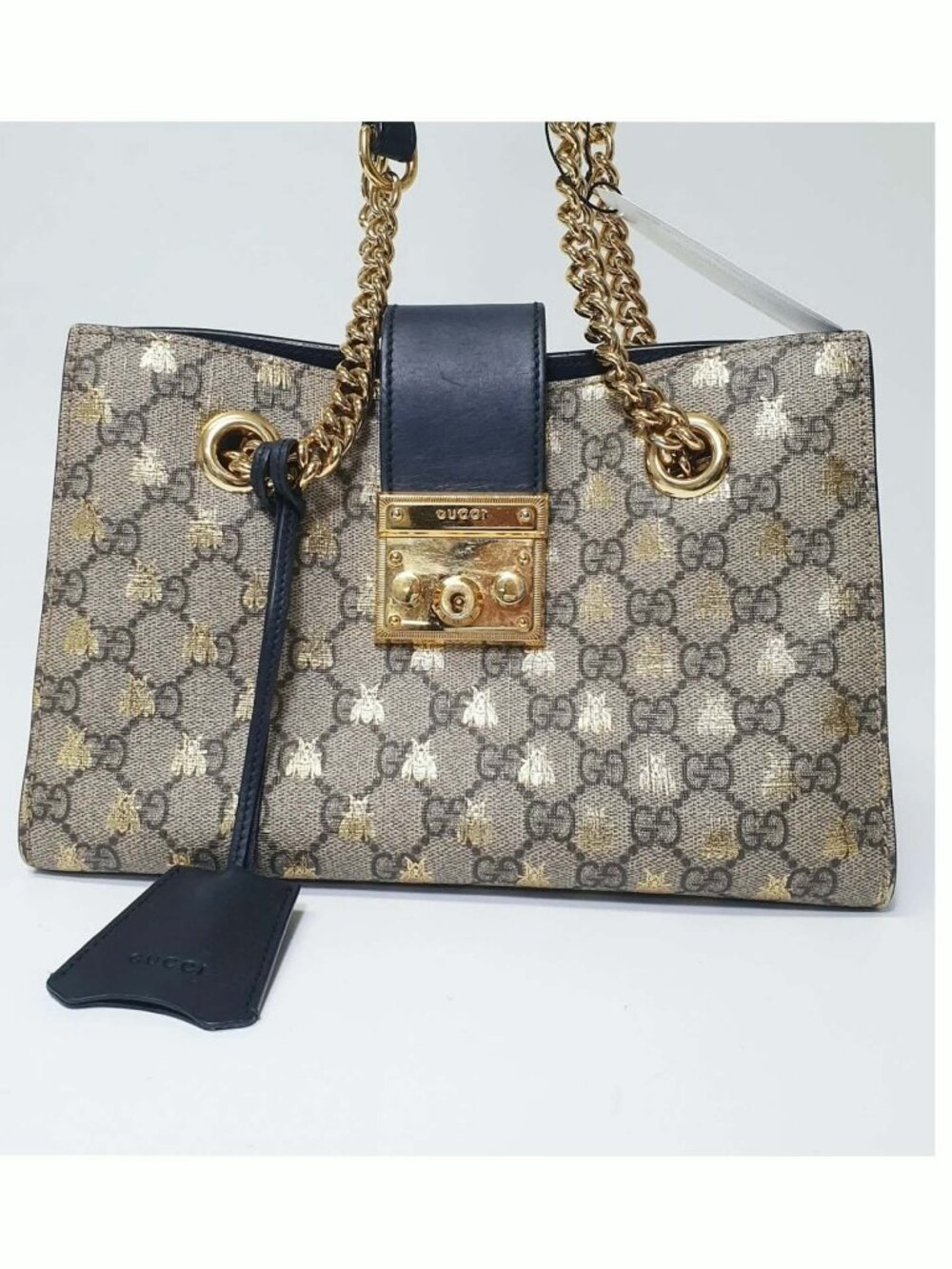 Authentic Gucci Padlock Bee GG Supreme Chain Shoulder Bag Beige Black Gold - Picture 2 of 12